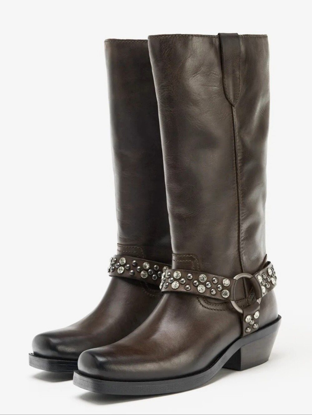 Zara Studded Harness Tall Leather Moto Boots - Dark Brown